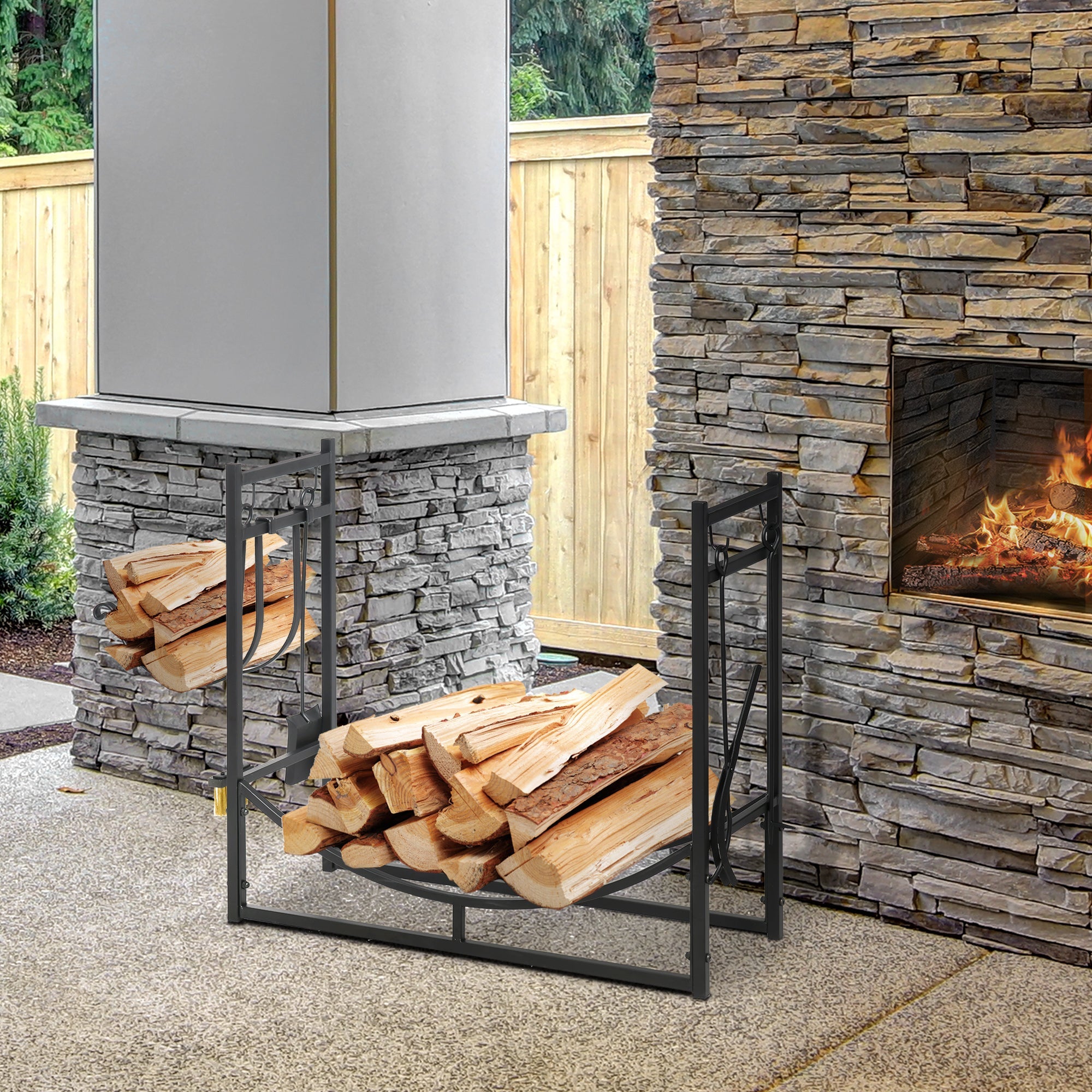 Outsunny 33" 2-Tier Firewood Rack with Tools, Fireplace Wood Storage, Includes Shovel, Broom, Poker, Tongs