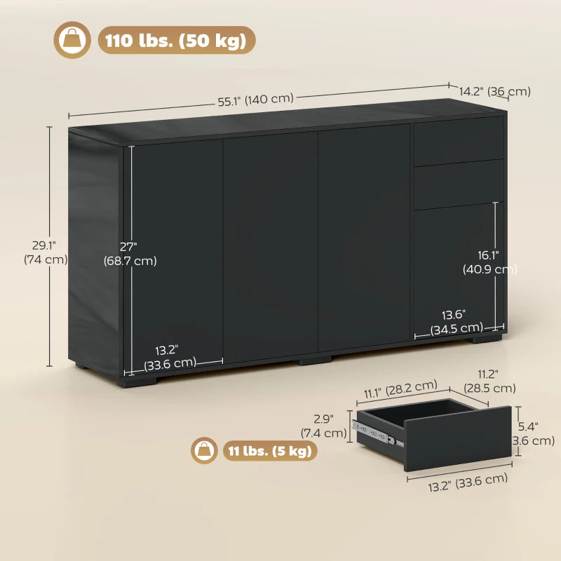 Kitchen Sideboard Storage Cabinet, Modern Coffee Bar Cabinet with Push-Open Design and 2 Drawers for Living Room, Black