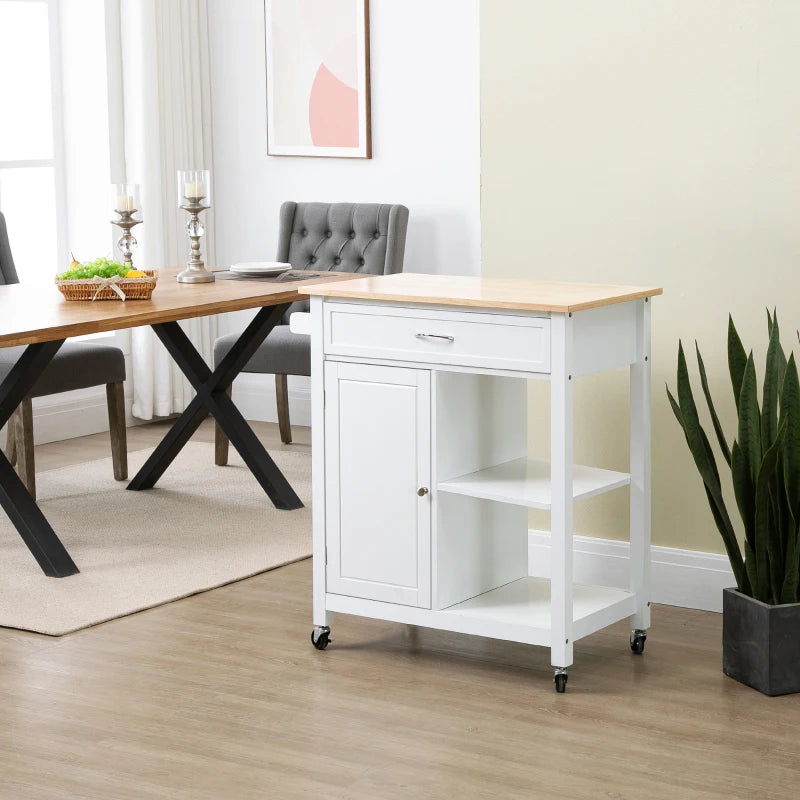 Rolling Kitchen Cart with Wood Top and Drawer, Kitchen Island on Wheels for Dining Room, White
