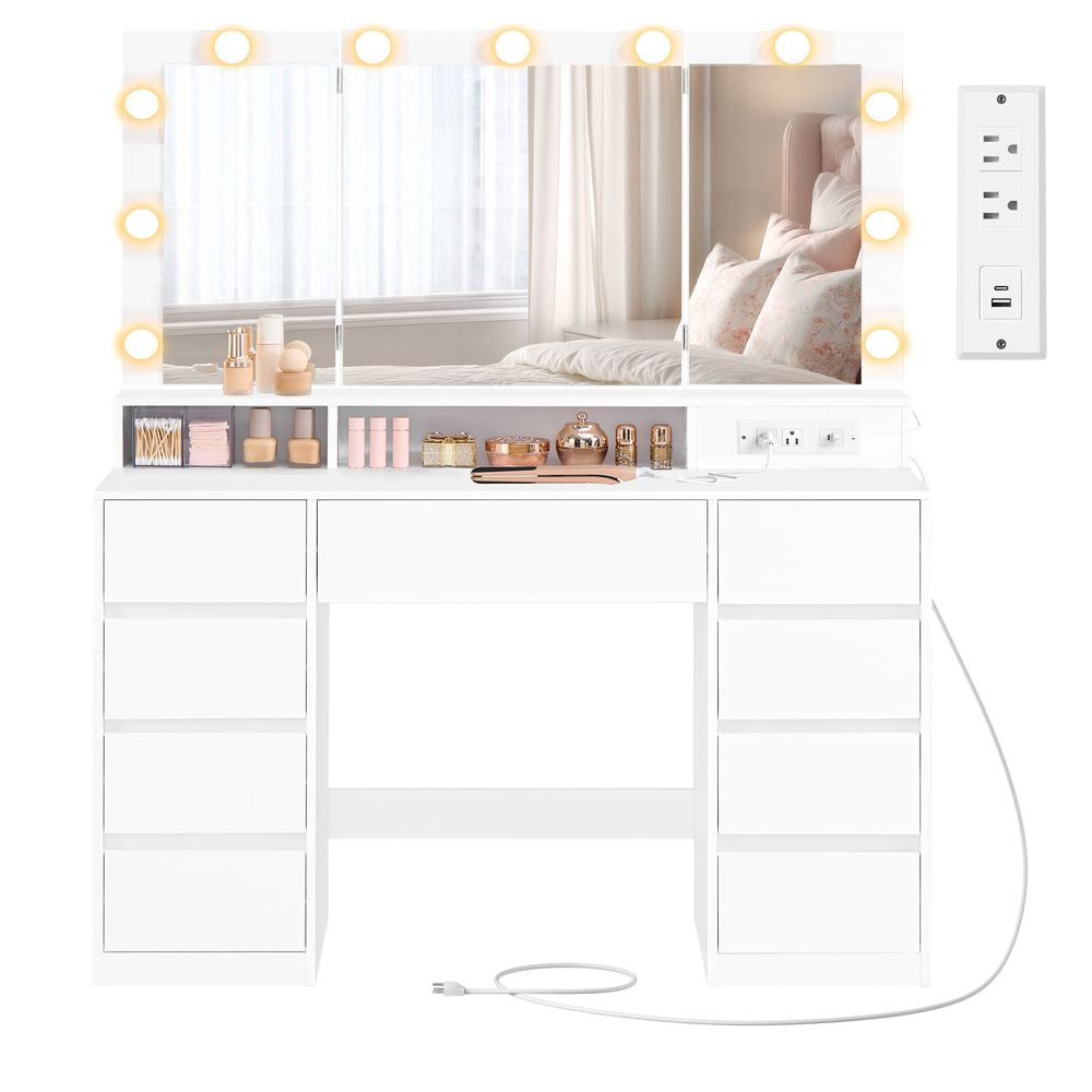 Vanity Desk with Tri-Fold Mirror, 9 Drawers, LED Lighting & Built-In Power Strip – White