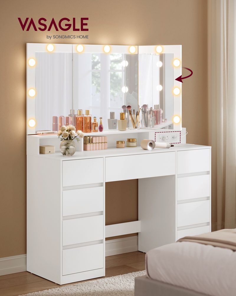 Vanity Desk with Tri-Fold Mirror, 9 Drawers, LED Lighting & Built-In Power Strip – White