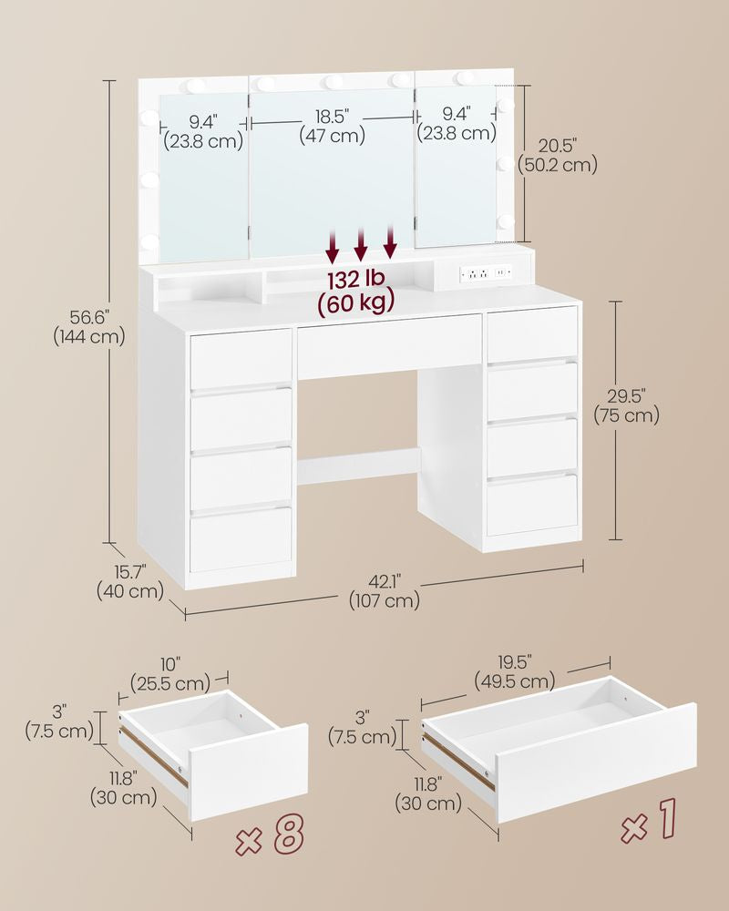 Vanity Desk with Tri-Fold Mirror, 9 Drawers, LED Lighting & Built-In Power Strip – White