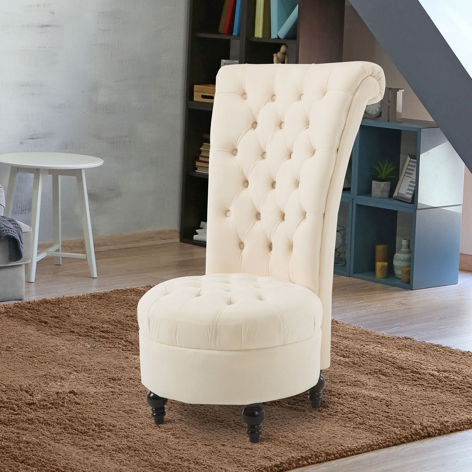 Cream Tufted High Back Plush Velvet Upholstered Accent Low Profile Chair - Free Shipping