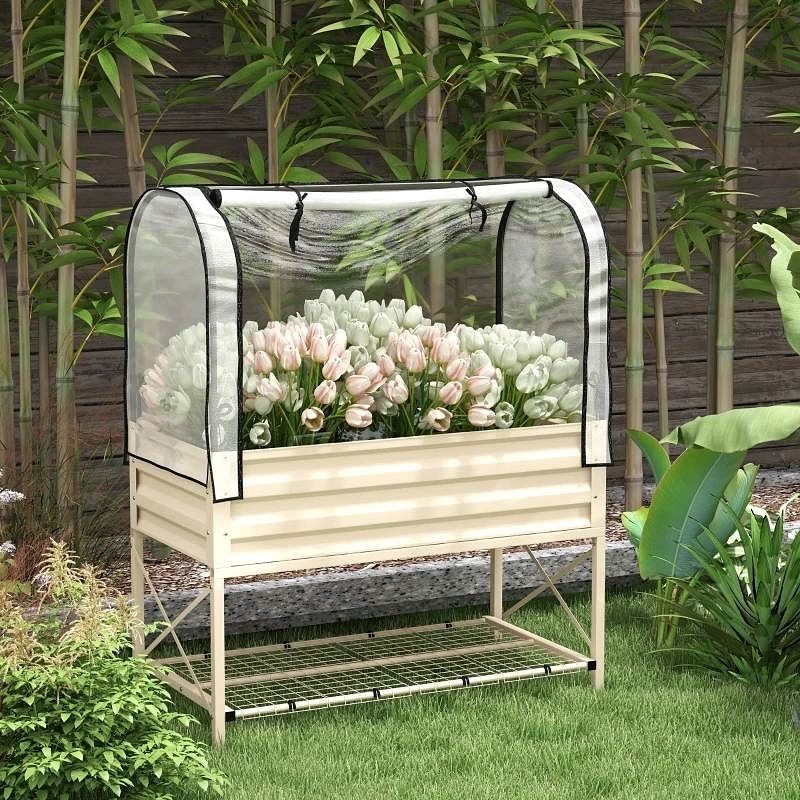 Cream Elevated Metal Raised Garden Bed w/ Greenhouse Cover - Free Shipping