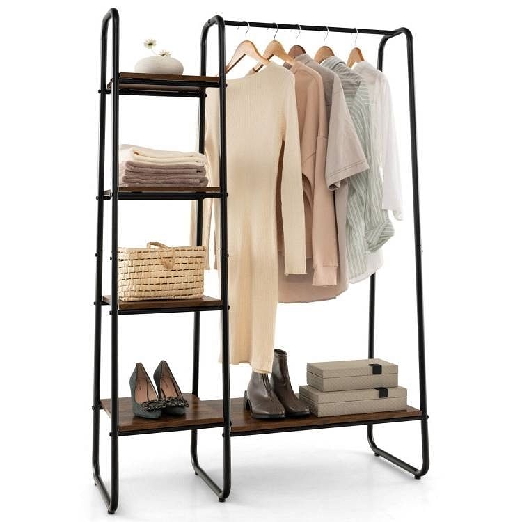 Industrial Wood Metal Garment Rack Clothes Hanging Bar with Storage Shelves - Free Shipping