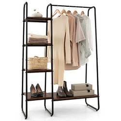Industrial Wood Metal Garment Rack Clothes Hanging Bar with Storage Shelves - Free Shipping