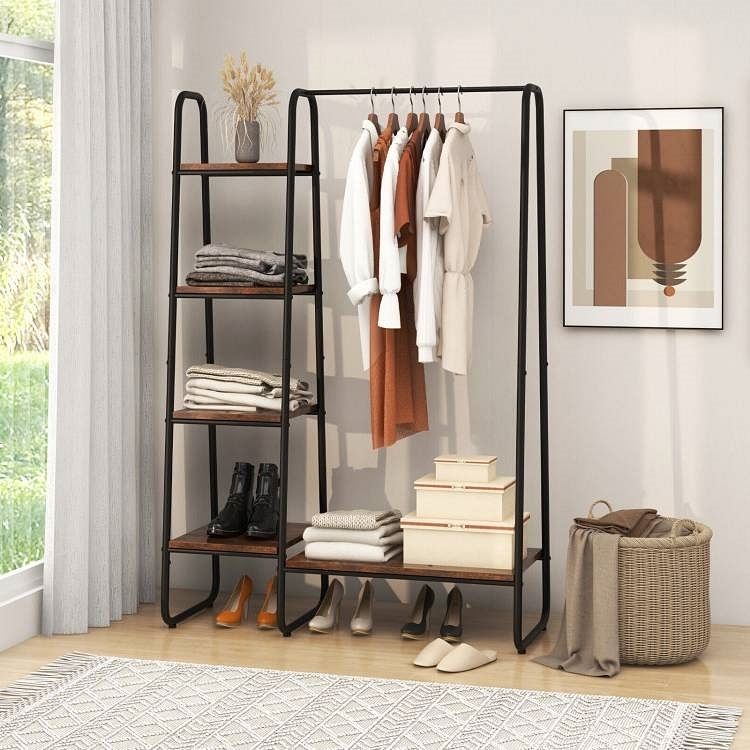 Industrial Wood Metal Garment Rack Clothes Hanging Bar with Storage Shelves - Free Shipping