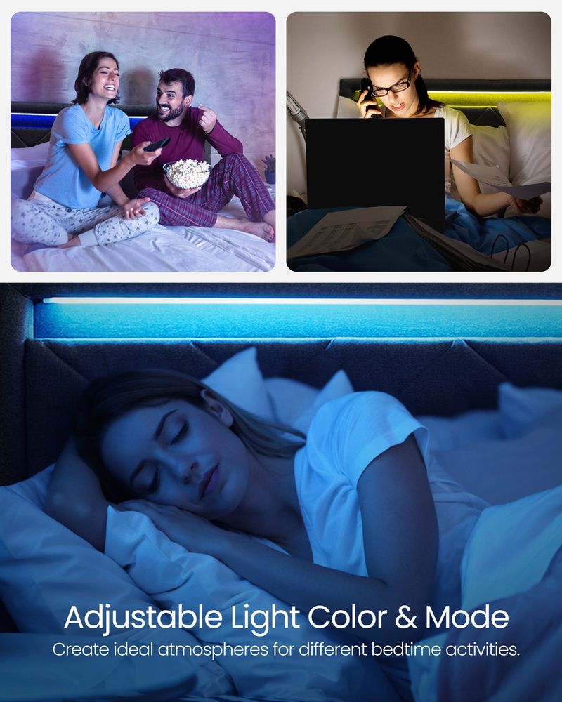 VASAGLE Queen Size LED Bed Frame with Headboard, Charging Station & 4 Storage Drawers