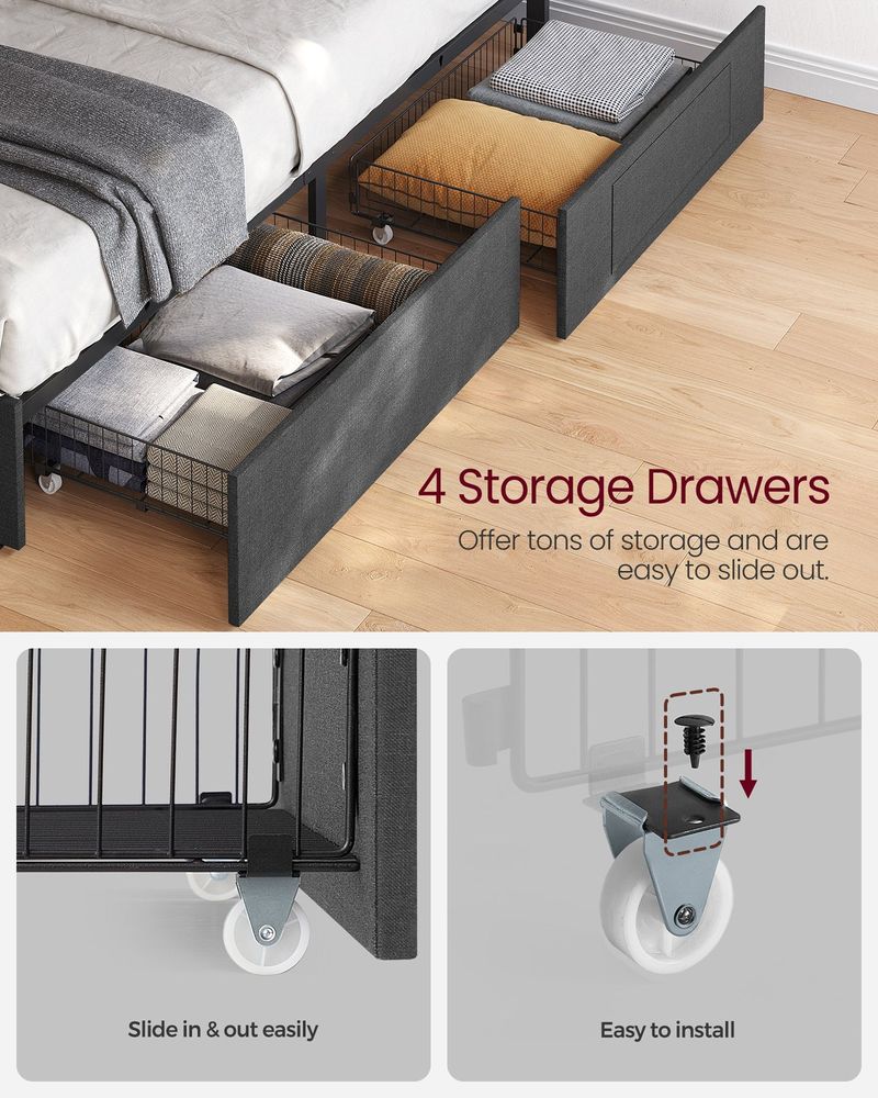 VASAGLE Queen Size LED Bed Frame with Headboard, Charging Station & 4 Storage Drawers