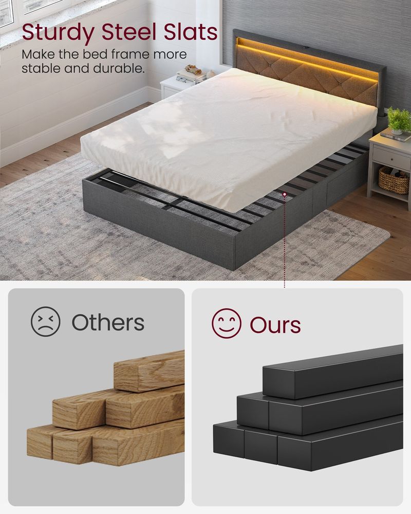 VASAGLE Queen Size LED Bed Frame with Headboard, Charging Station & 4 Storage Drawers