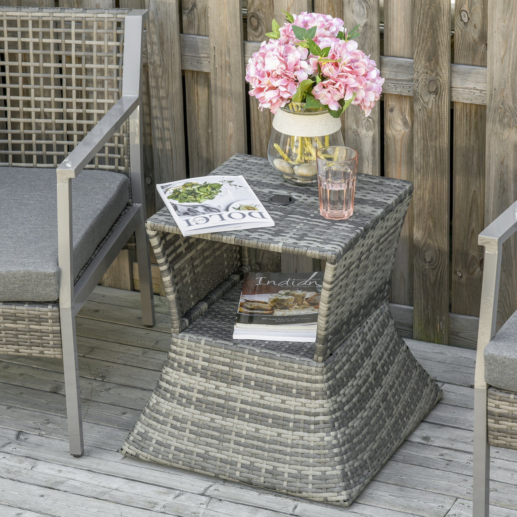 Outsunny Rattan Wicker Side Table Square Outdoor End Table with Umbrella Hole 2-Tier Storage Patio Garden Mixed Grey