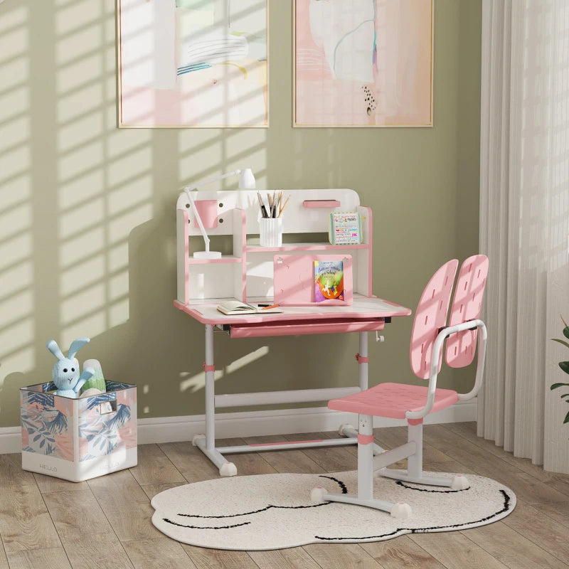 Qaba Adjustable Height Kids Desk and Chair Set, Kids Study Table and Chair with Tilt Desktop, Drawer, Reading Rack, Pink