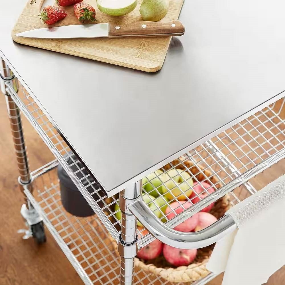 Compact Kitchen Cart with Stainless Steel Top and 2 Bottom Storage Shelves - Free Shipping