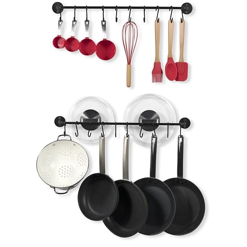 Set of 2 - Black Metal Wall Mounted Pot Rack with 20 Hanging Hooks - Free Shipping
