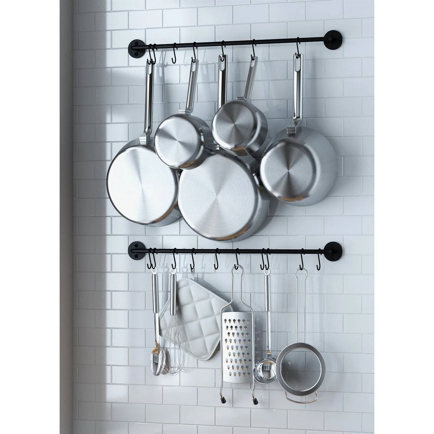 Set of 2 - Black Metal Wall Mounted Pot Rack with 20 Hanging Hooks - Free Shipping