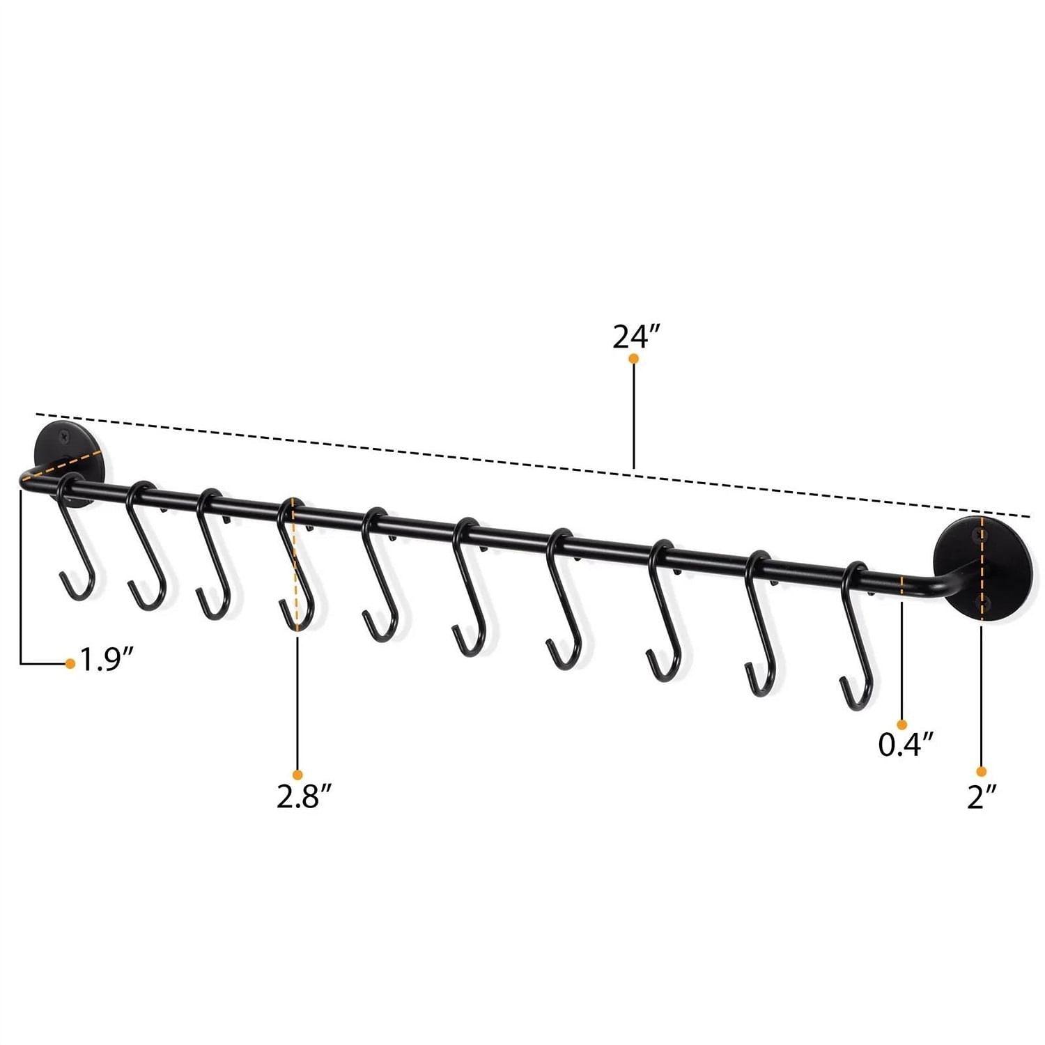Set of 2 - Black Metal Wall Mounted Pot Rack with 20 Hanging Hooks - Free Shipping