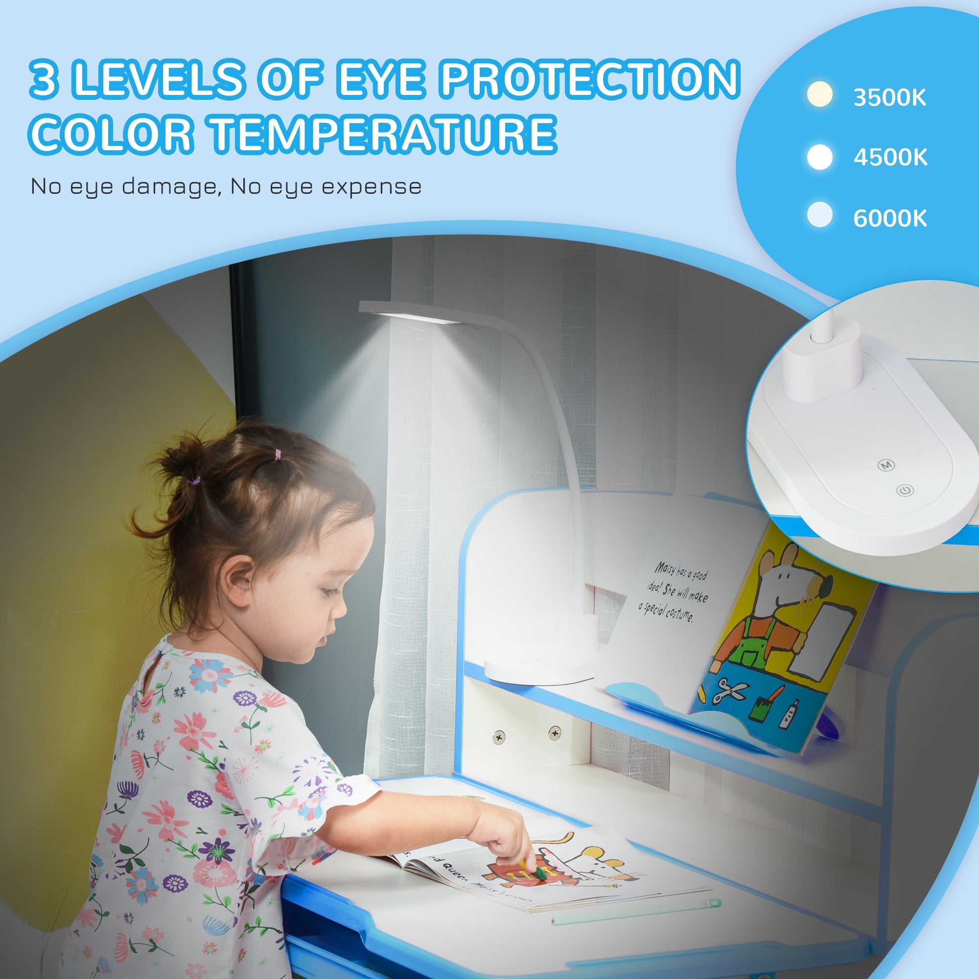 Qaba Kids Adjustable Desk and Chair Set with LED Light Bookshelf Drawer for Student Study Blue