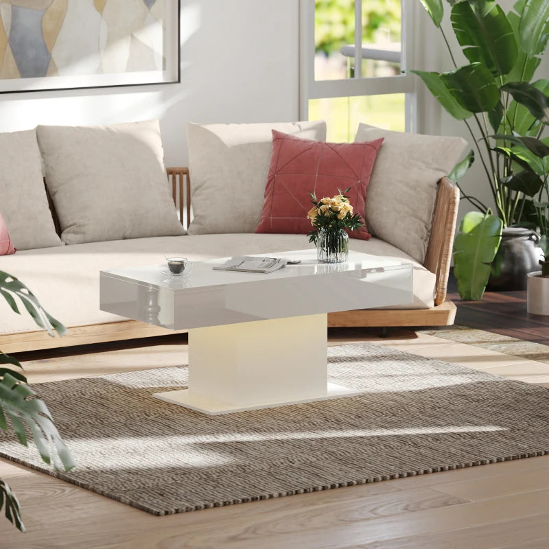 Extendable Coffee Table with LED Lights, Modern High Gloss Center Table with Hidden Storage for Living Room, White