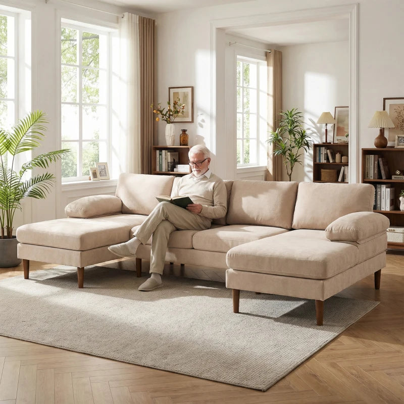 U Shape Couch with Double Chaise Lounge, Modern 4 Seater Sofa with Wooden Legs, Fabric Sofa for Living Room, Beige