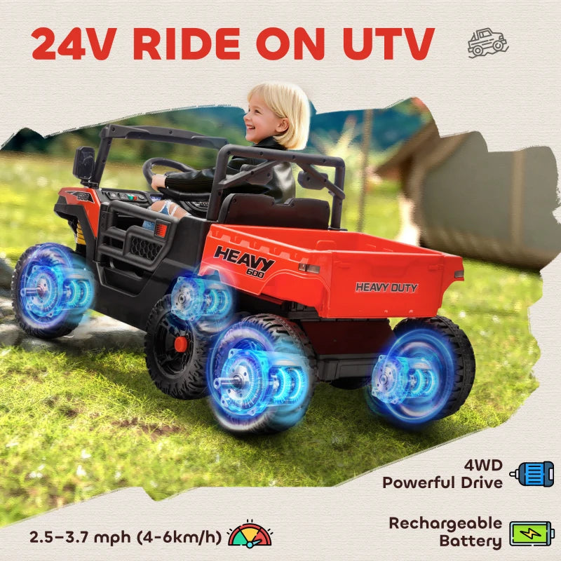 Qaba 24V 4WD Kids Ride On Truck with 6 Wheels Electric Ride On Car with Remote, Dump Bed for 3-8 Years, Red