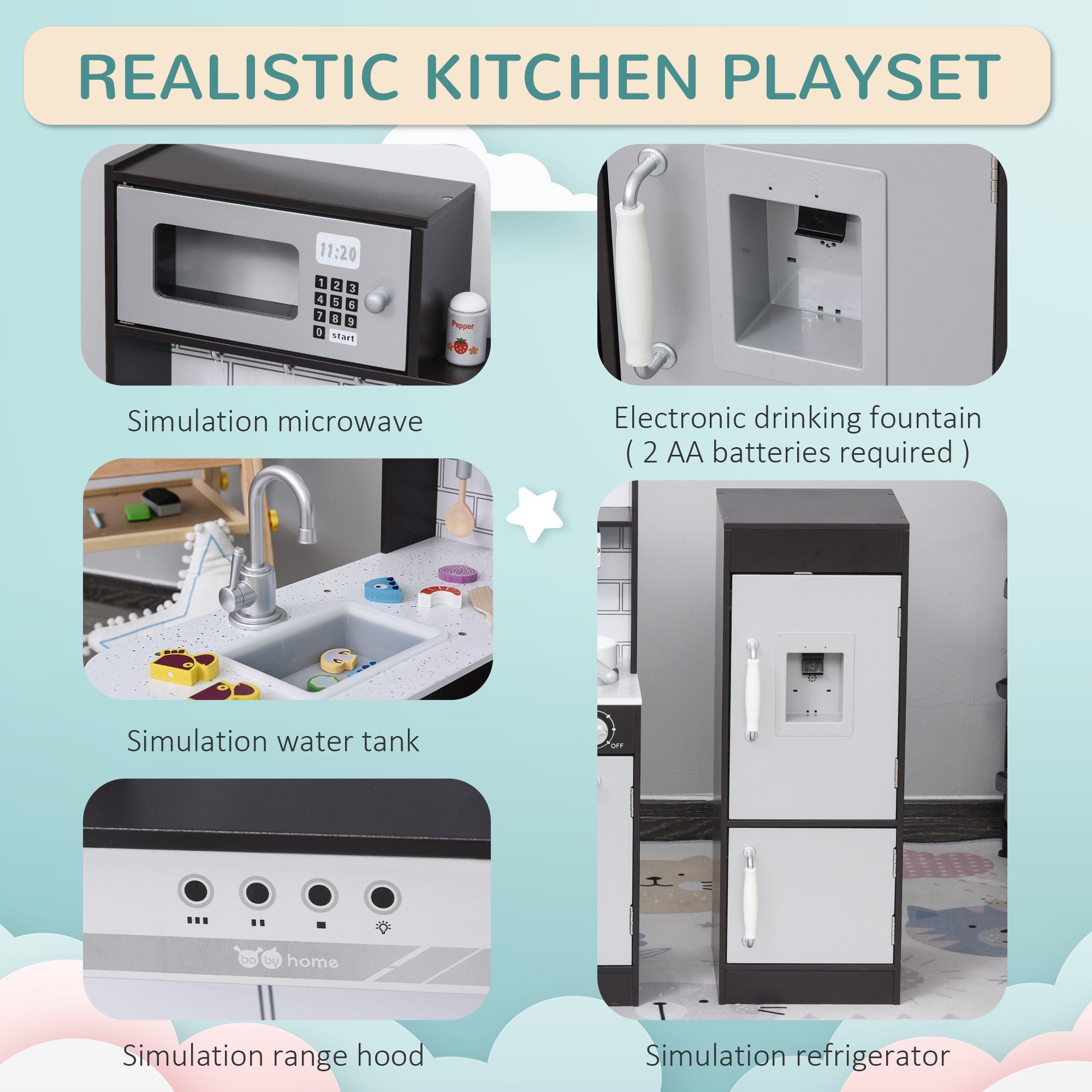 Qaba Play Kitchen Set for Kids - Black Cooking Toy with Drinking Fountain, Microwave, Fridge & Accessories