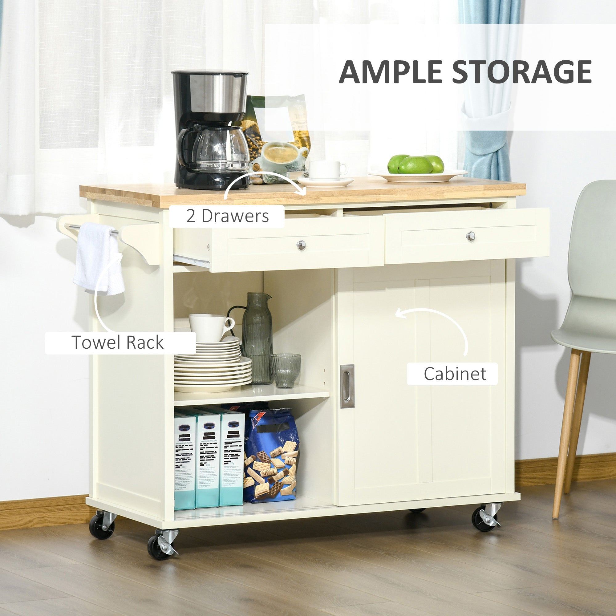 HOMCOM Kitchen Cart on Wheels Rubberwood Top 2 Drawers Towel Rack Cream White Versatile Furniture Storage Rolling Island