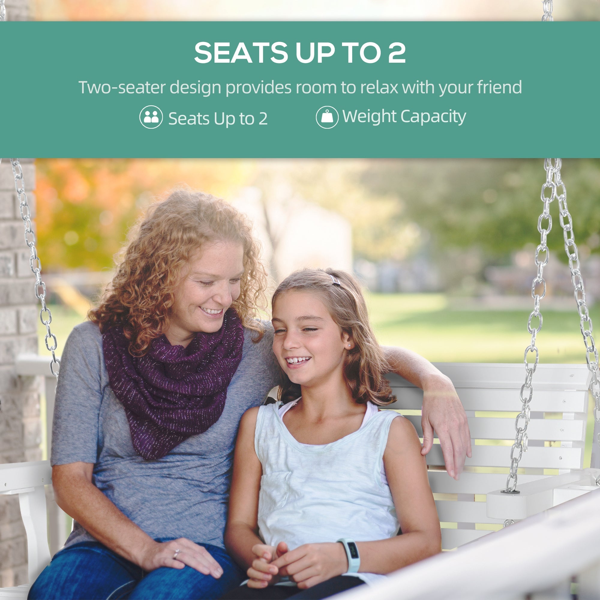 Outsunny 46" 2-Person Outdoor Porch Swing Bench with 2 Built-In Cup Holders & Chains Included, 550lb Weight Capacity, White