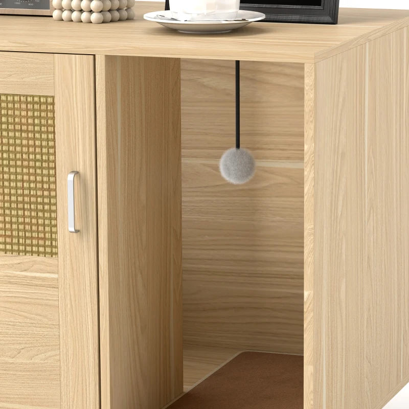 Cat Litter Box Enclosure, Cat Washroom End Side Table with Rattan Door, Scratching Pad, Non-slip Foot Pads, Oak