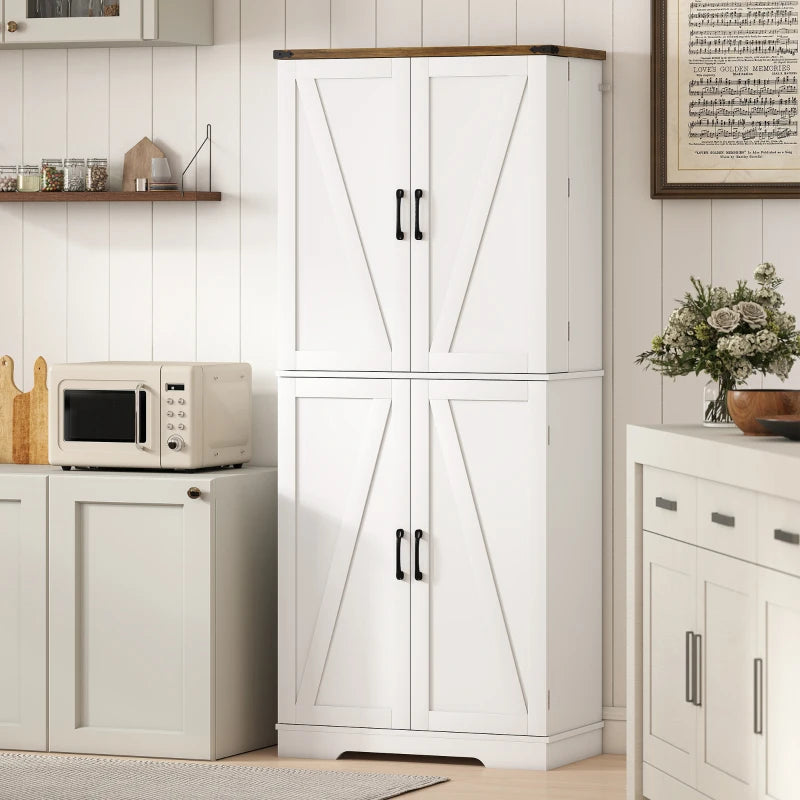 72" Kitchen Pantry Cabinet, Farmhouse Storage Cabinet with 4 Doors, Drawer, 8 Door Shelves and Adjustable Shelf, White