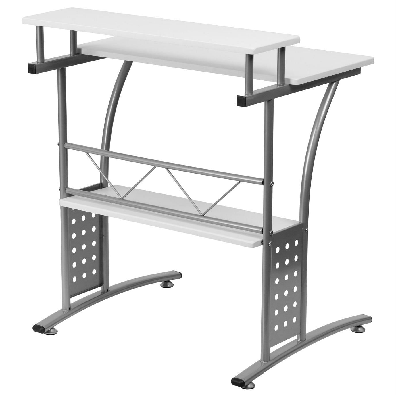 Modern Metal Frame Computer Desk with White Laminate Top and Raised Shelf - Free Shipping