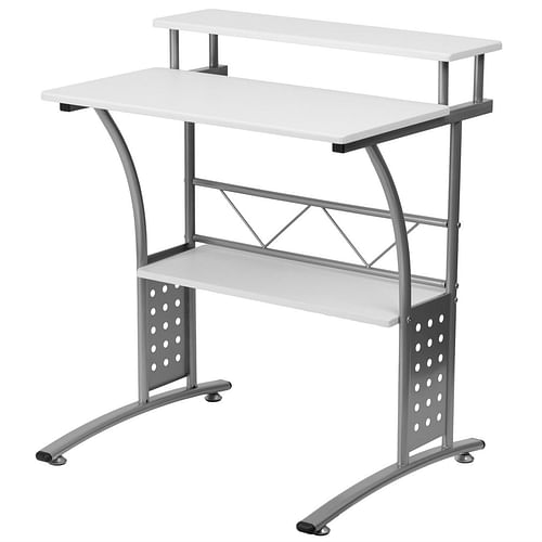 Modern Metal Frame Computer Desk with White Laminate Top and Raised Shelf - Free Shipping