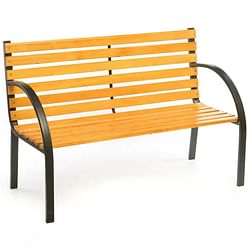 Outdoor Black Metal Frame Garden Bench with Wood Slats and Curved Armrests - Free Shipping
