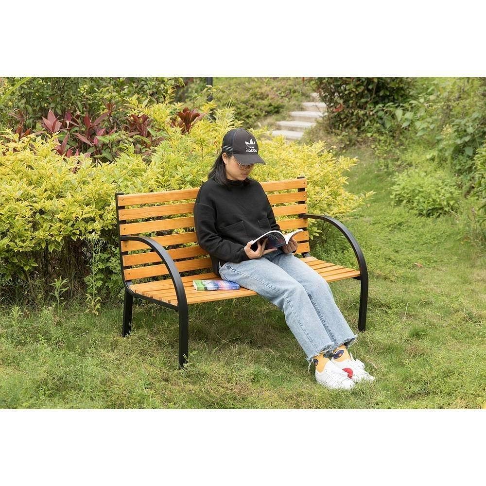 Outdoor Black Metal Frame Garden Bench with Wood Slats and Curved Armrests - Free Shipping