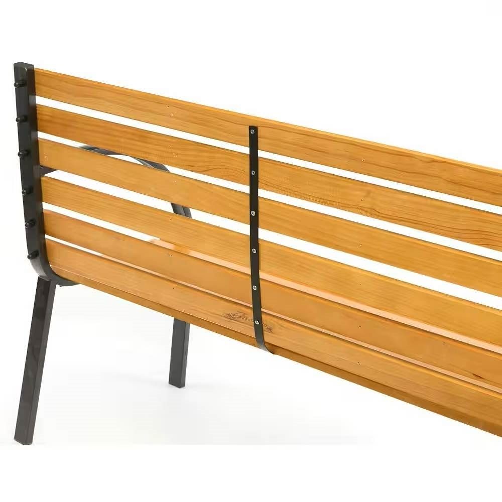 Outdoor Black Metal Frame Garden Bench with Wood Slats and Curved Armrests - Free Shipping