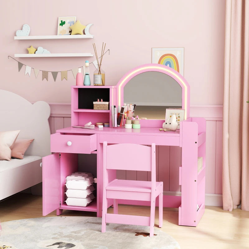 Qaba Kids Vanity Set, Toddler Dressing Table and Chair Set with Lighted Mirror, Cabinet, Drawer and Shelves, Pink