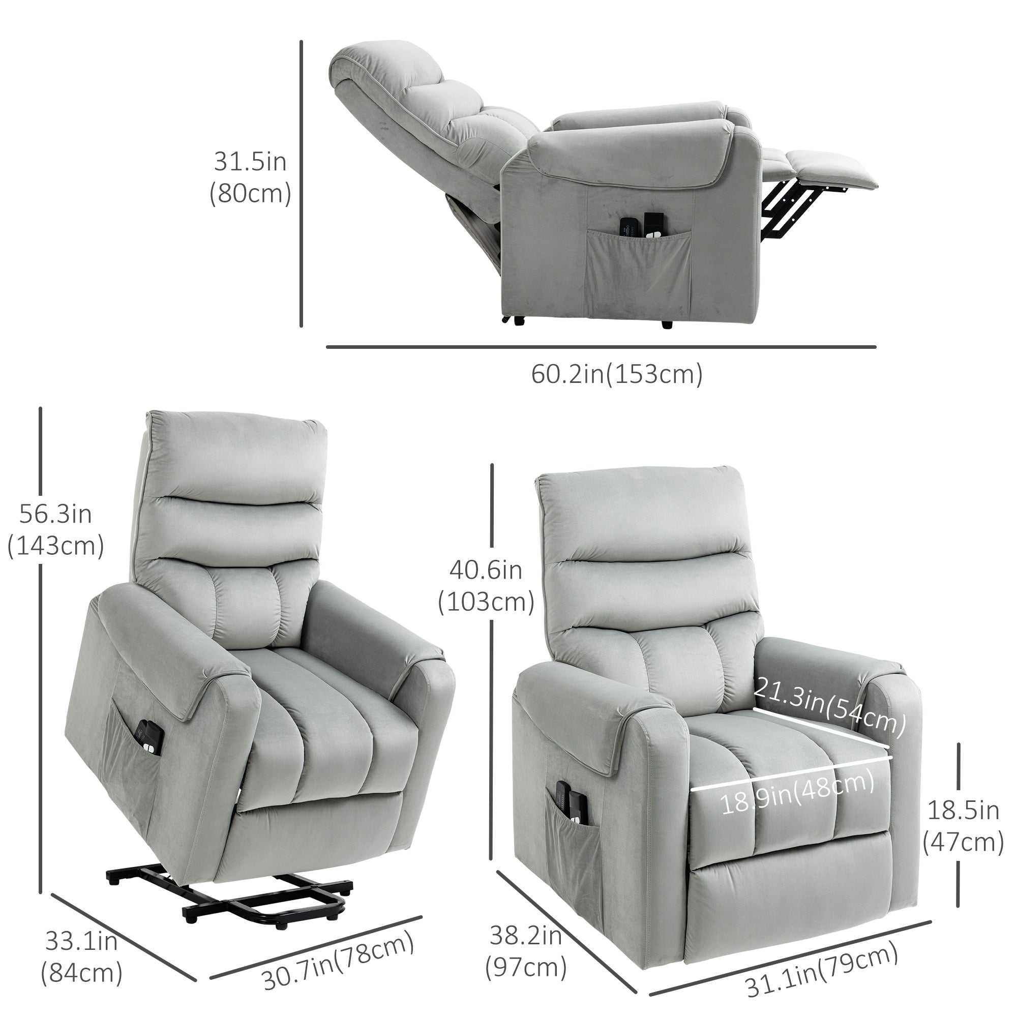 HOMCOM Massage Lift Recliner Chair: 8 Vibration Points, Footrest, Remote Control, Side Pockets, Grey
