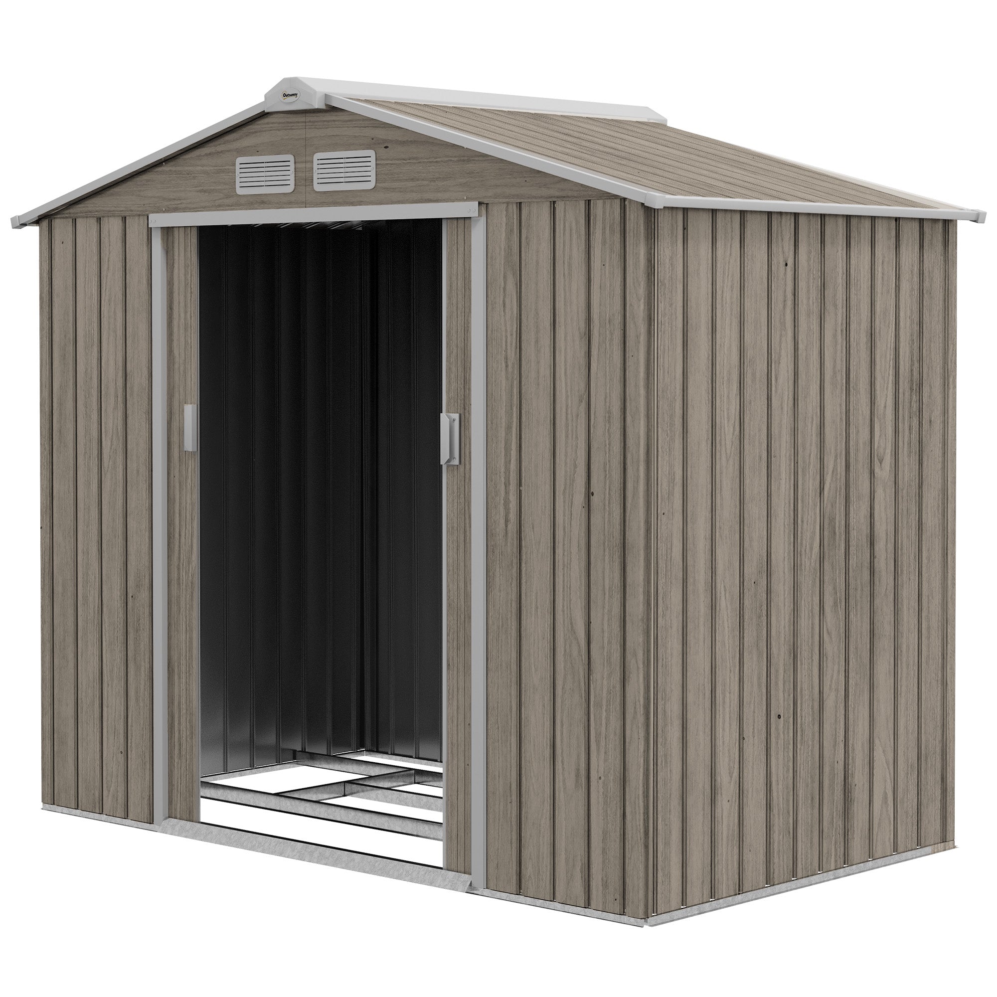 Outsunny 7'x4'x6' Outdoor Garden Storage Shed Metal Tool House Foundation Kit Double Doors Light Brown