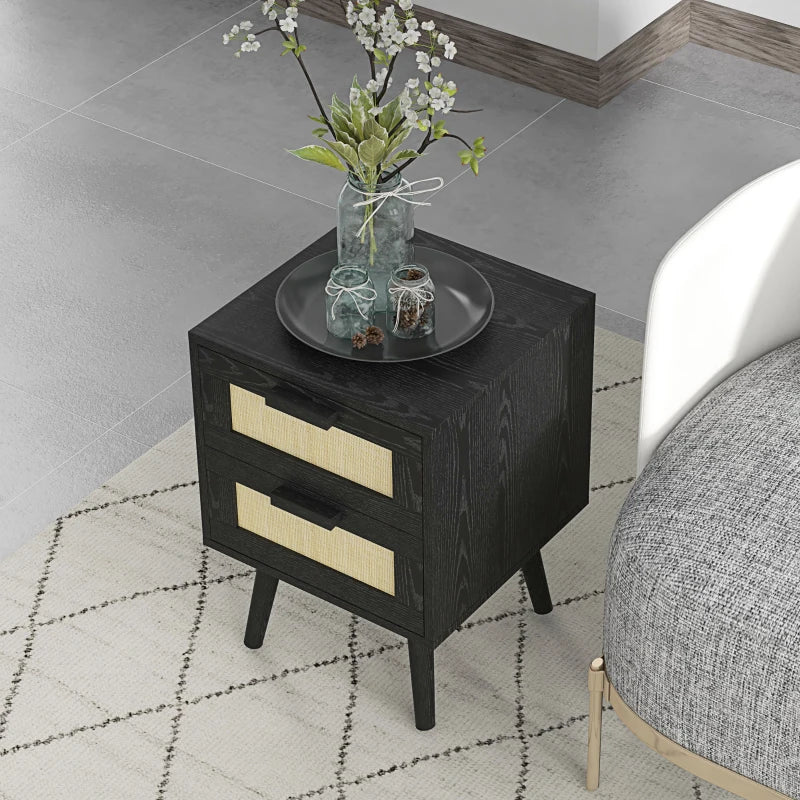 Boho Nightstands Set of 2, Bedside Tables with 2 Drawers for Living Room, Bedroom, Black