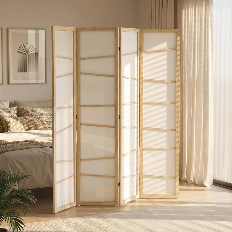 66.9" Folding Room Divider, 4 Panel Wall Partition with Wood Frame for Bedroom, Home Office, Natural Wood