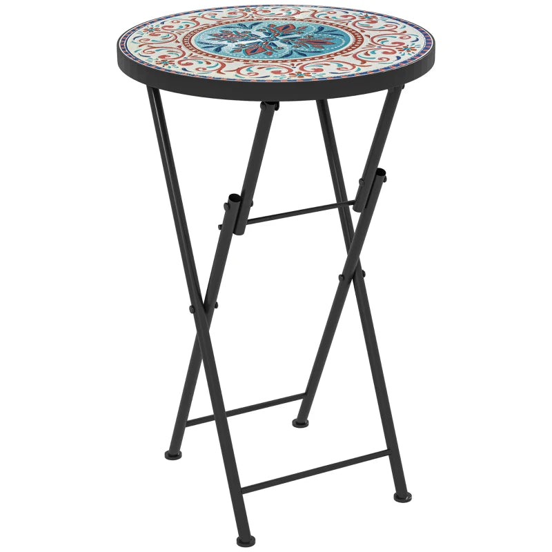Mosaic Outdoor Patio Side Table, 14" Round Folding Outdoor Coffee Table with Steel Frame for Balcony Deck Patio Terrace, Mixed Colour