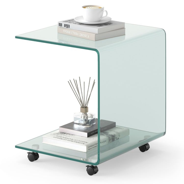 C-Shaped End Table Modern Tempered Glass Side Table with Shelf-Transparent