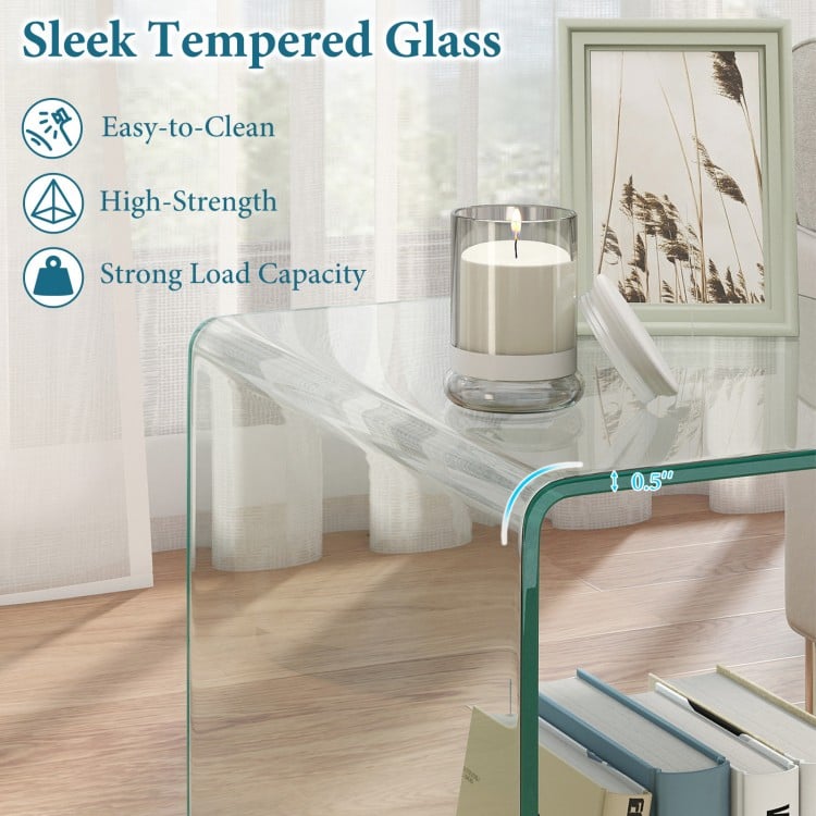 C-Shaped End Table Modern Tempered Glass Side Table with Shelf-Transparent
