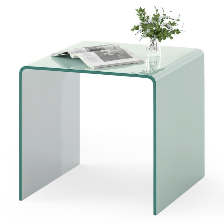 C-Shaped End Table Modern Tempered Glass Side Table with Shelf-White