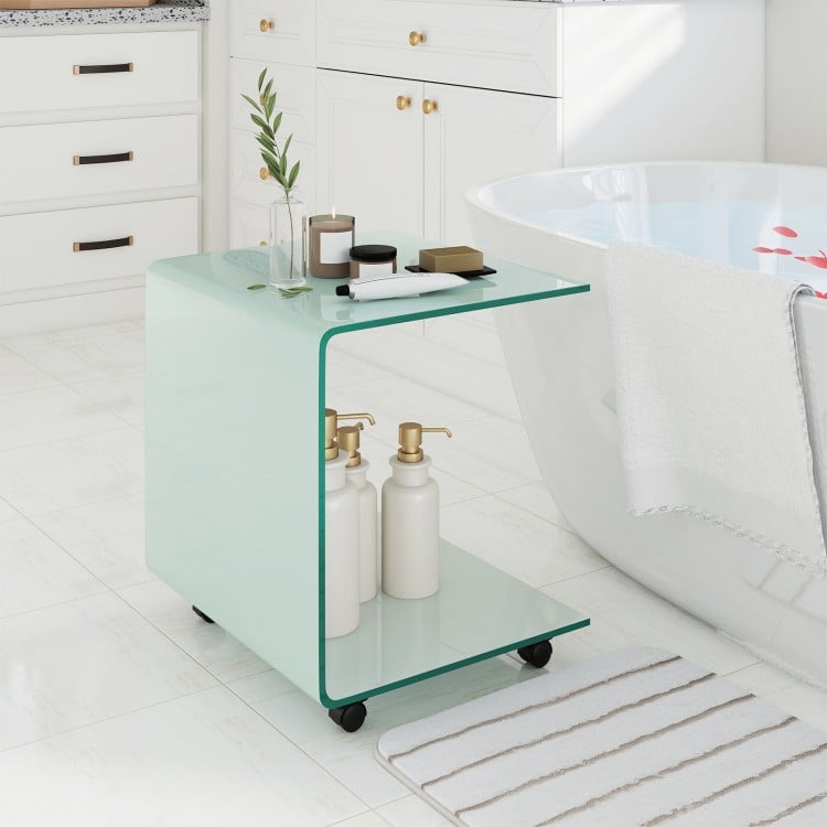 C-Shaped End Table Modern Tempered Glass Side Table with Shelf-White