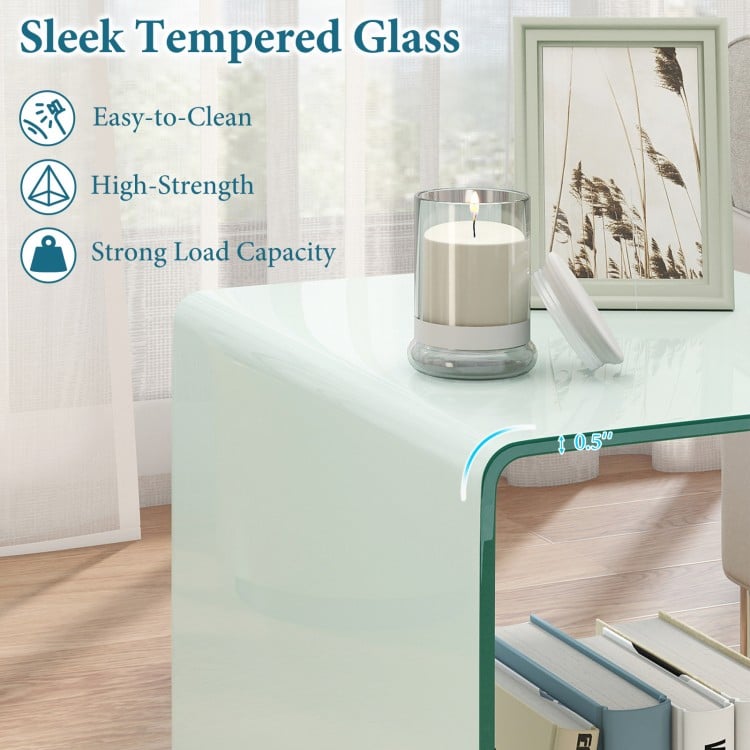 C-Shaped End Table Modern Tempered Glass Side Table with Shelf-White