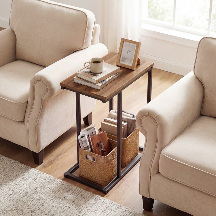 C-Shaped End Table Small Side Table with Sturdy Metal Frame-Walnut