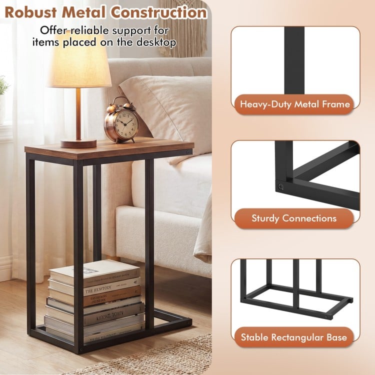 C-Shaped End Table Small Side Table with Sturdy Metal Frame-Walnut