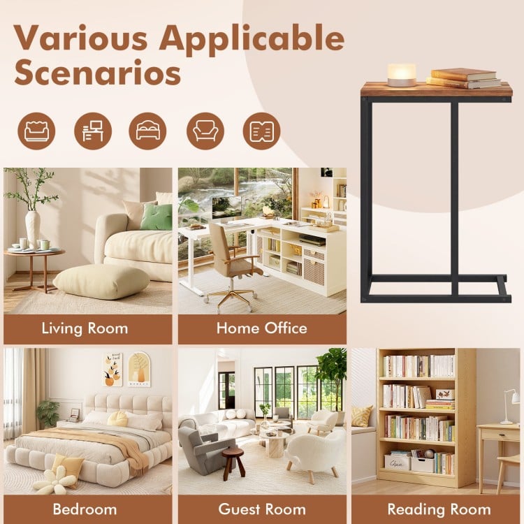 C-Shaped End Table Small Side Table with Sturdy Metal Frame-Walnut