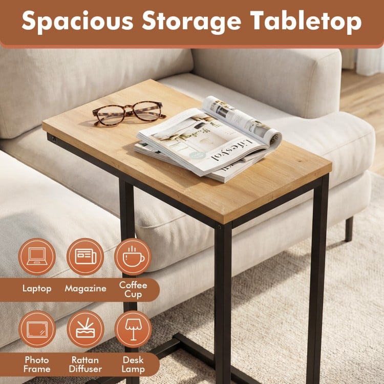 C-Shaped End Table Small Side Table with Sturdy Metal Frame-Natural