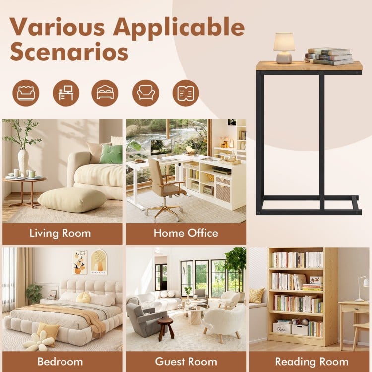 C-Shaped End Table Small Side Table with Sturdy Metal Frame-Natural